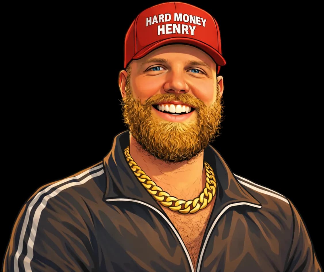 Illustration of Hard Money Henry wearing a red cap, gold chain, and black tracksuit