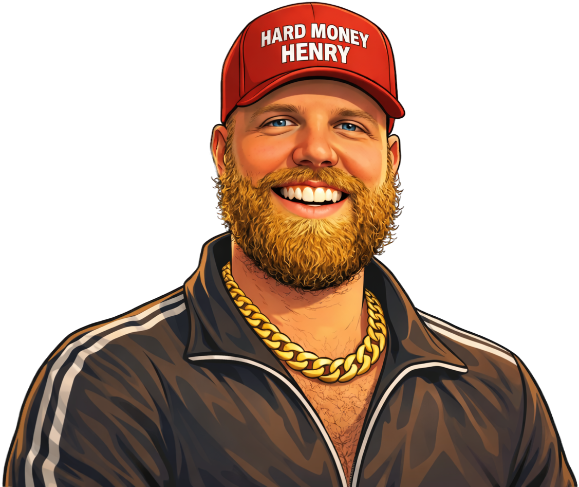 Illustration of Hard Money Henry wearing a red cap, gold chain, and black tracksuit