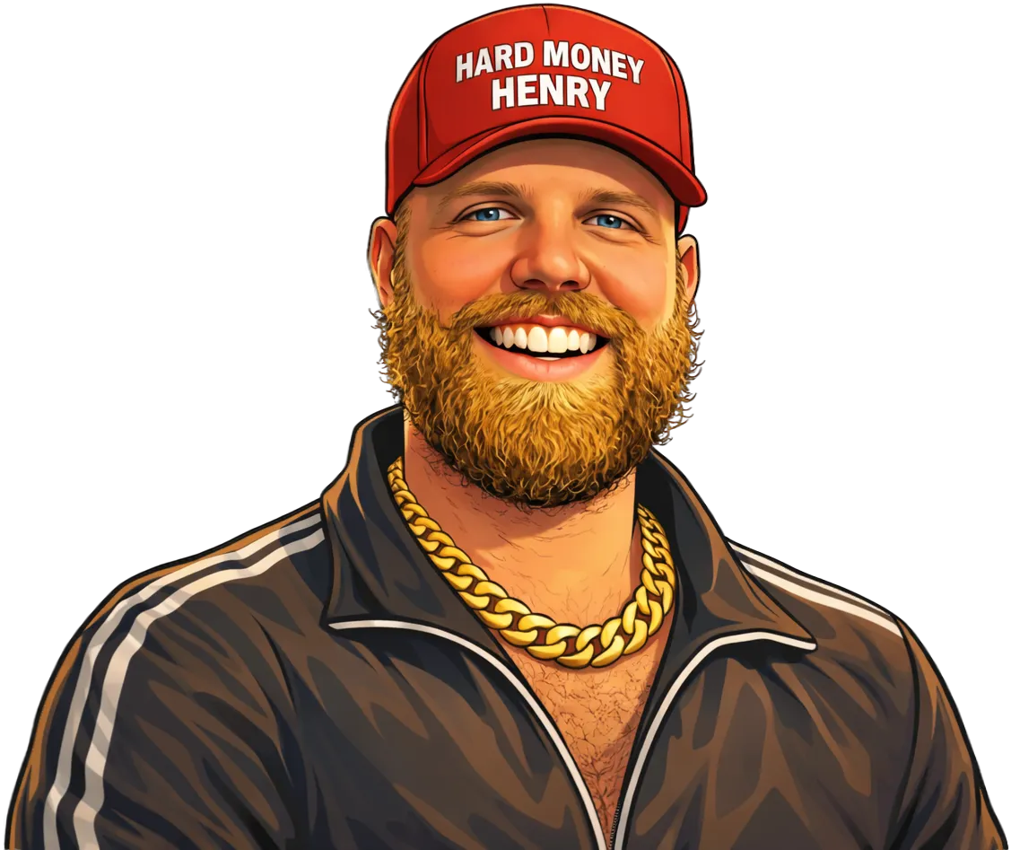 Illustration of Hard Money Henry wearing a red cap, gold chain, and black tracksuit